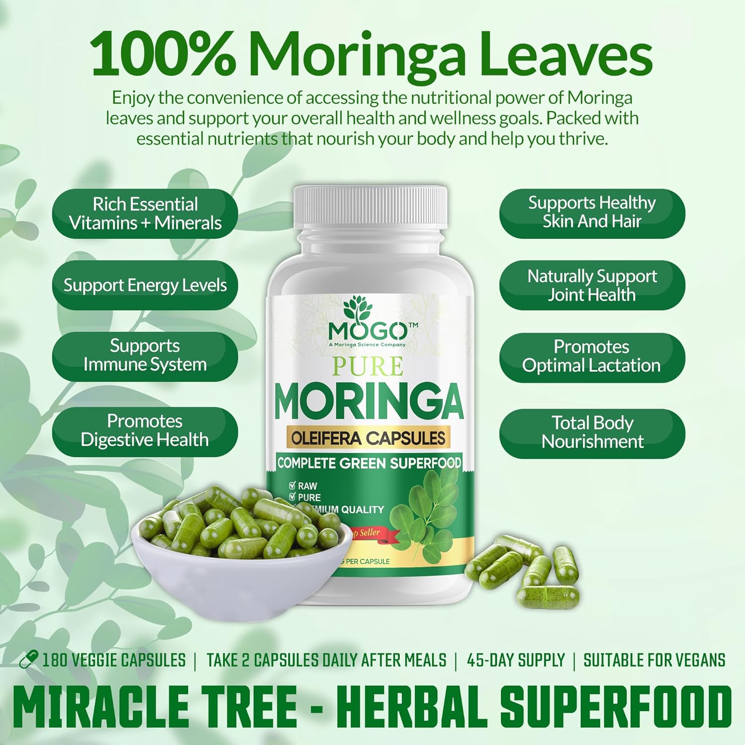 MOGO Organic Moringa Powder Capsules,180 Ct