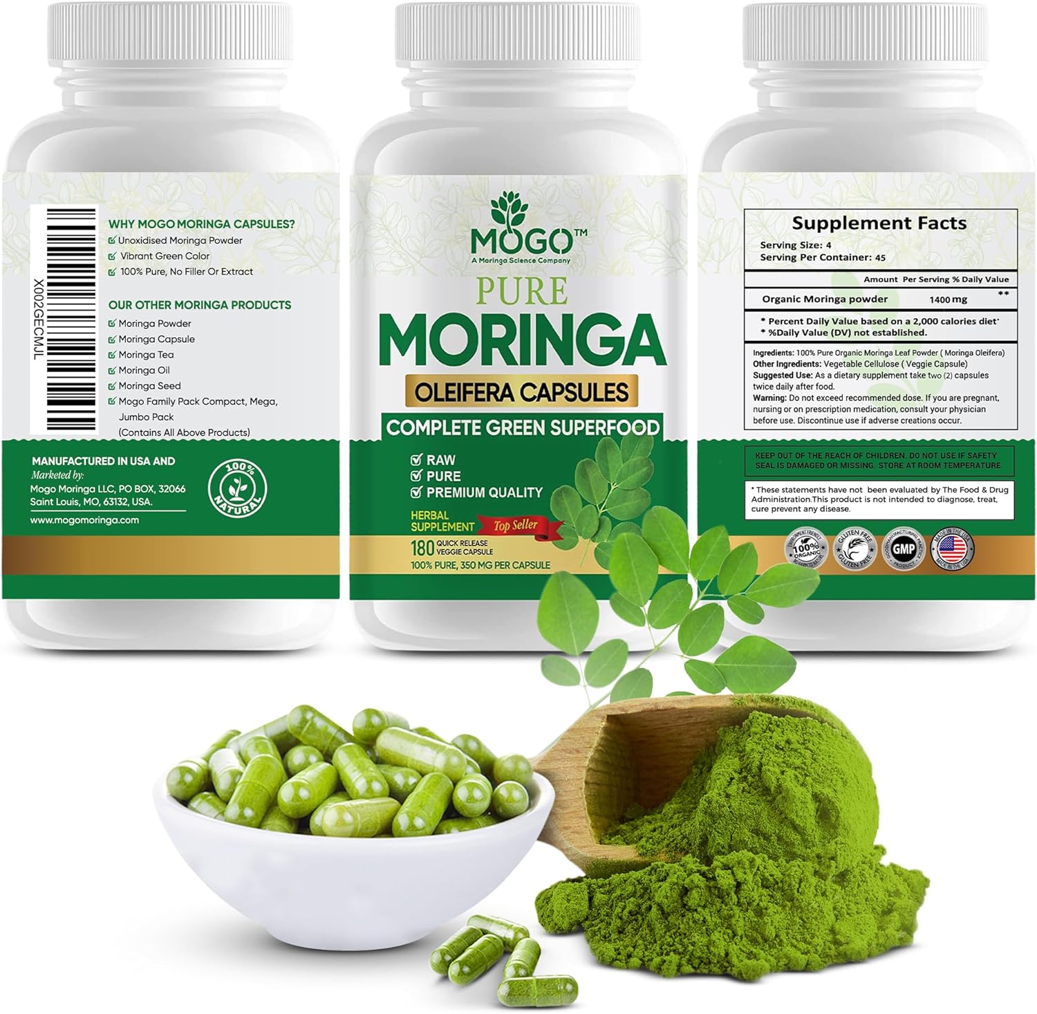 MOGO Organic Moringa Powder Capsules,180 Ct