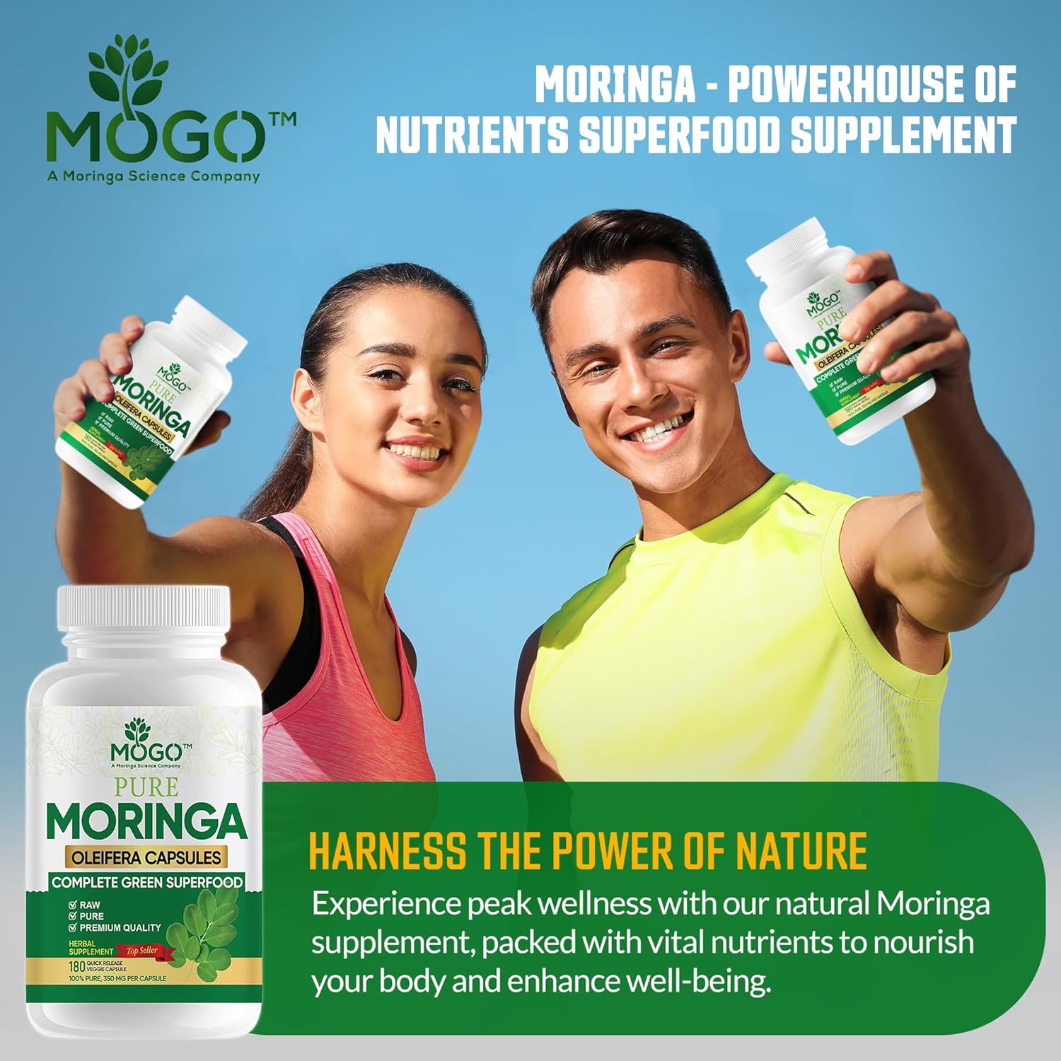 MOGO Organic Moringa Powder Capsules,180 Ct