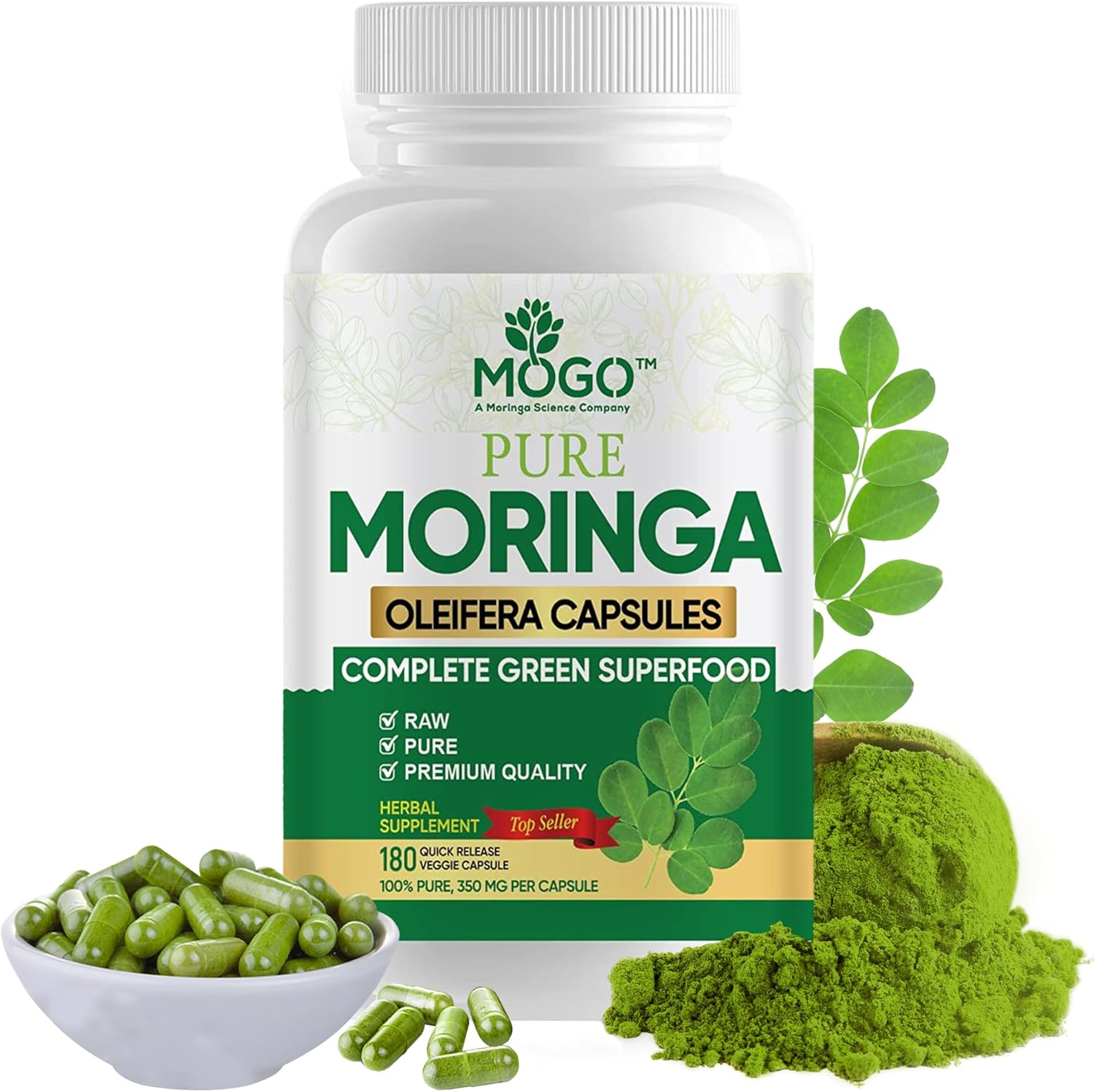 MOGO Organic Moringa Powder Capsules,180 Ct