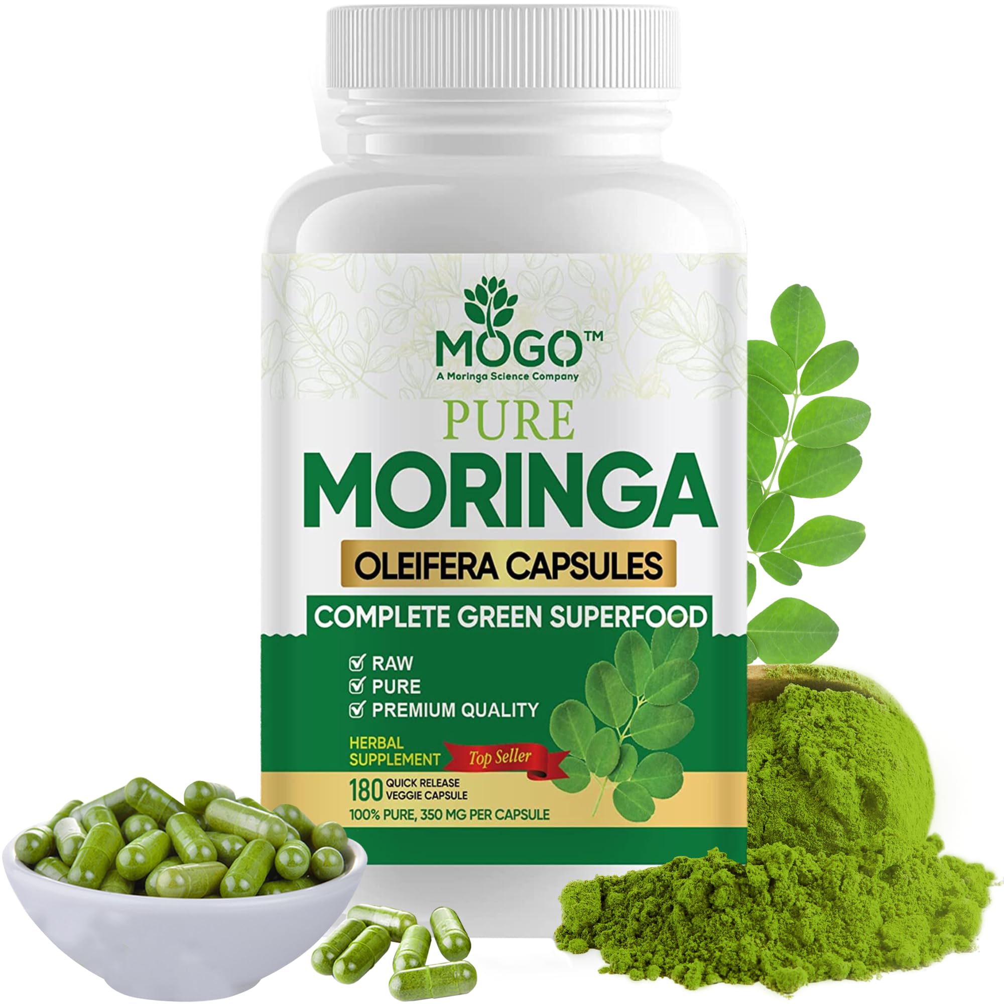 MOGO Organic Moringa Powder Capsules,180 Ct