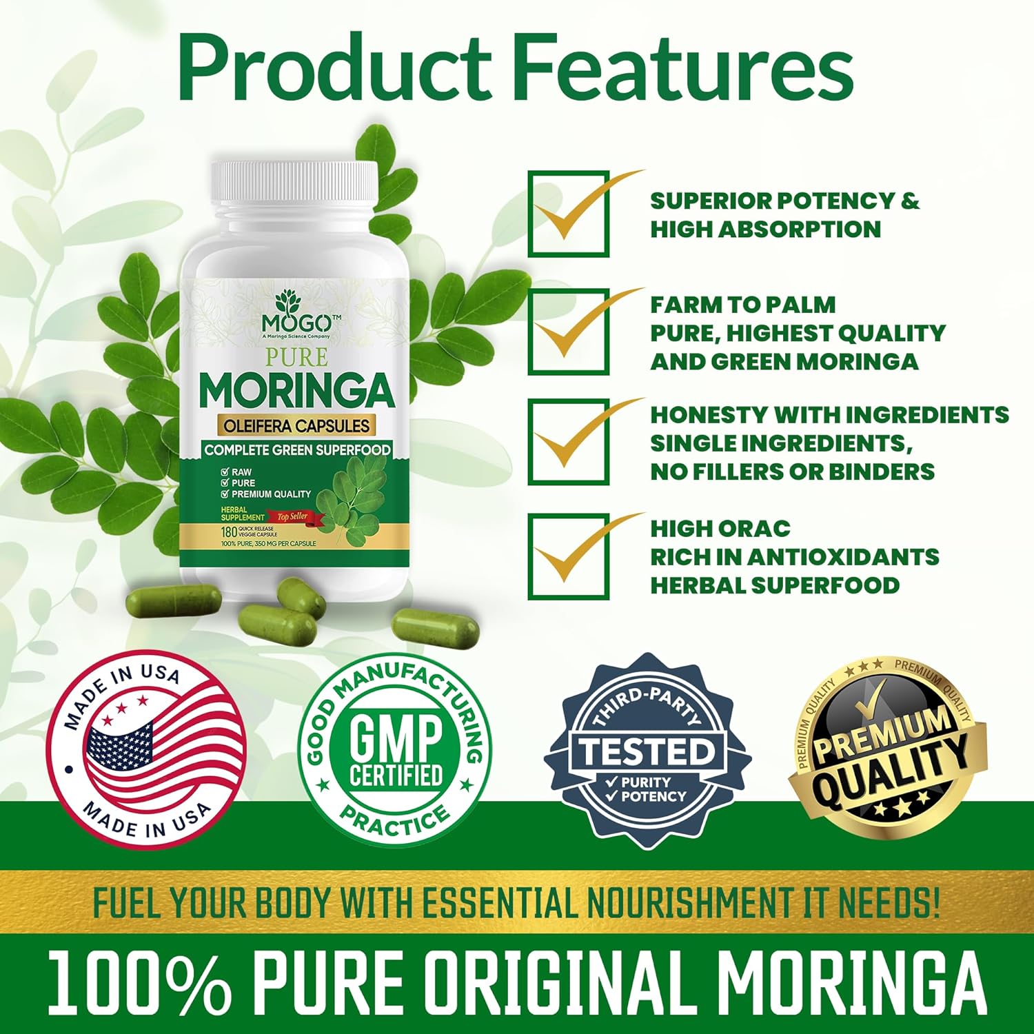 MOGO Organic Moringa Powder Capsules,180 Ct